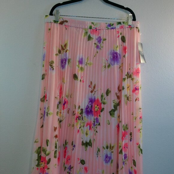 Chaps Women Pink Multi Floral Pleated Georgette Long Skirt Size XL - Picture 1 of 9